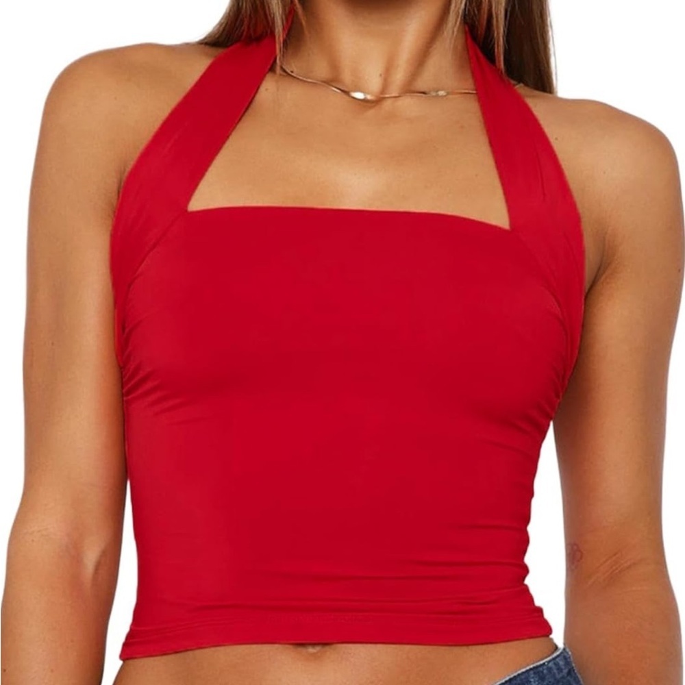 Y2K Red Halter Neck Backless Crop Top NEW